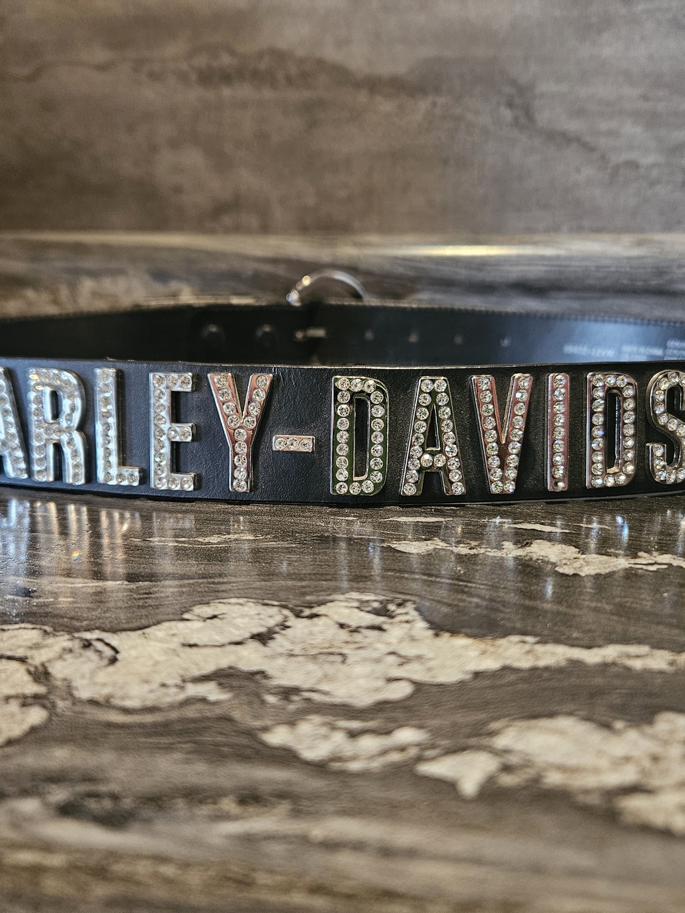 Harley-Davidson Black Leather Belt with Multicolor Crystal Letters